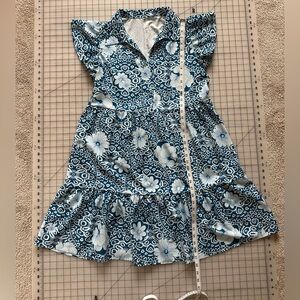 Teal & White Hawaiian Floral Dress w/ Ruffle Sleeves – size Large